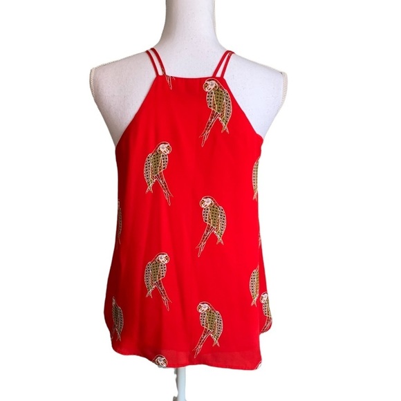 Loft Halter Spaghetti Strap V-neck Red Parrot Print Top Size SP - Picture 4 of 17